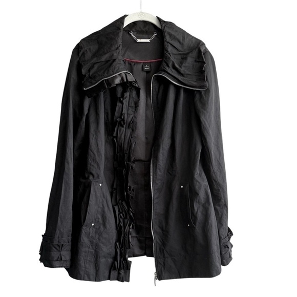 WHBM Ruffle Rain Jacket Belted Rhinestone & Satin Trench Coat Black Pink Size L - Picture 2 of 15